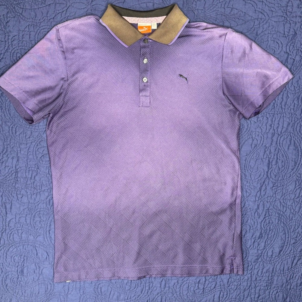 Puma Mens Large Purple Geometric Dry Cell Golf Polo Shirt Short Sleeve Faded